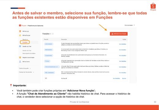 Tela oficial da Shopee mostrando funções e permissões de subconta