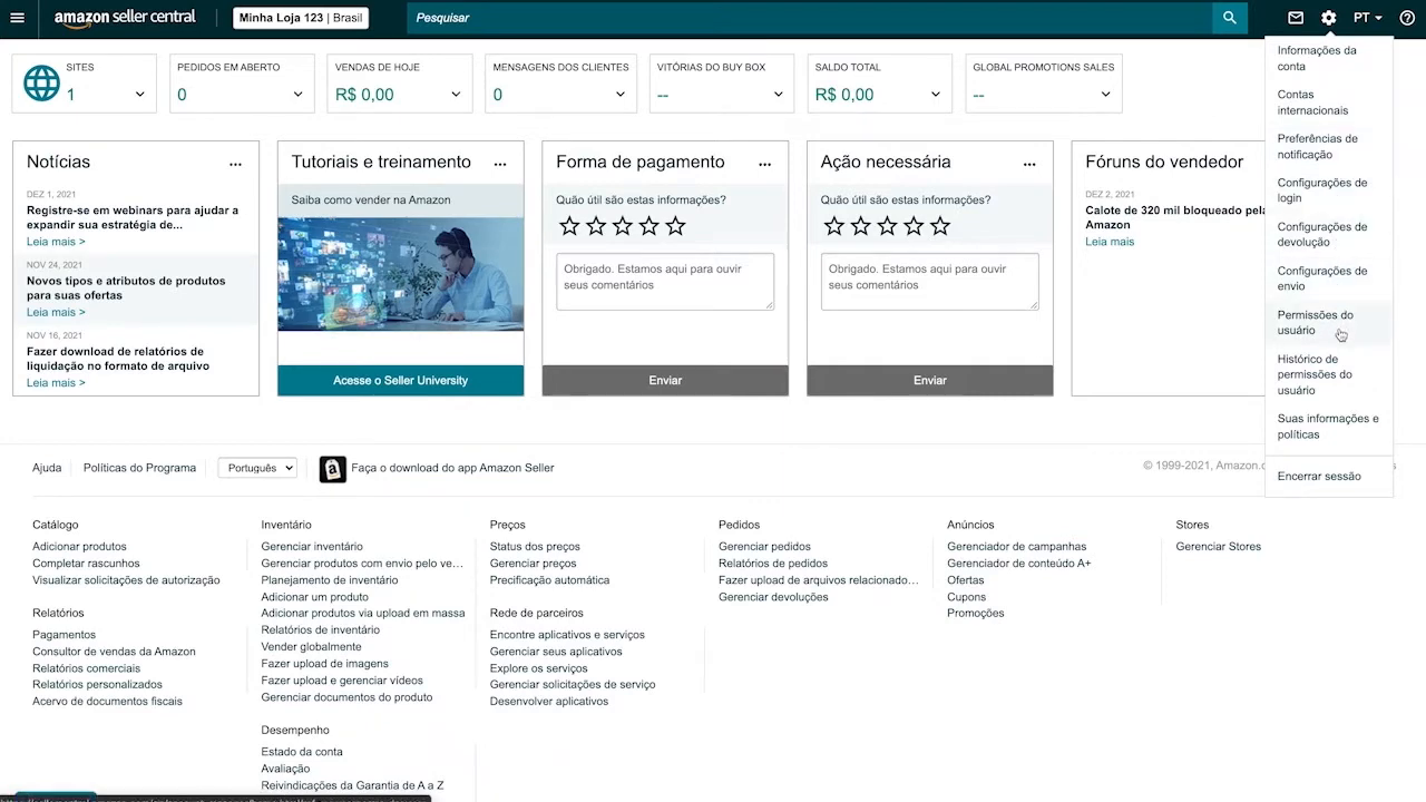 Menu Configurações do Seller Central com Permissões de usuário
