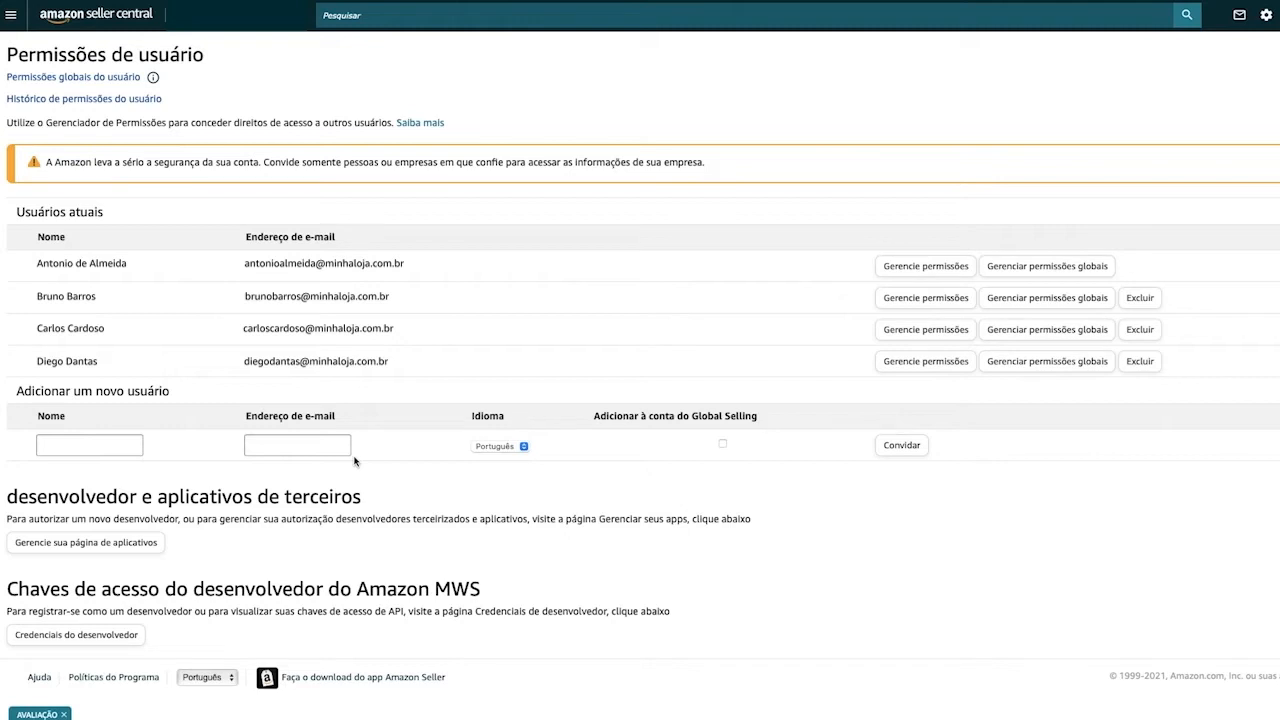 Área Adicionar um novo usuário no Amazon Seller Central