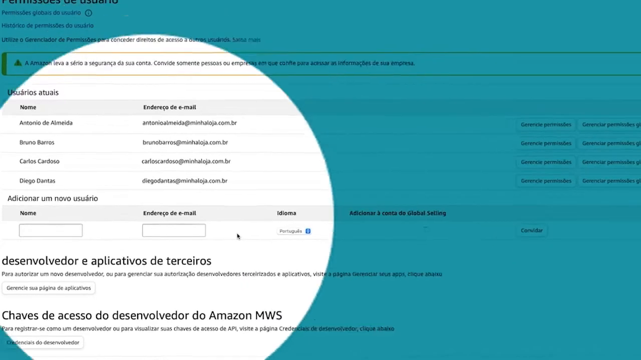 Campos de nome e e-mail para convite no Seller Central