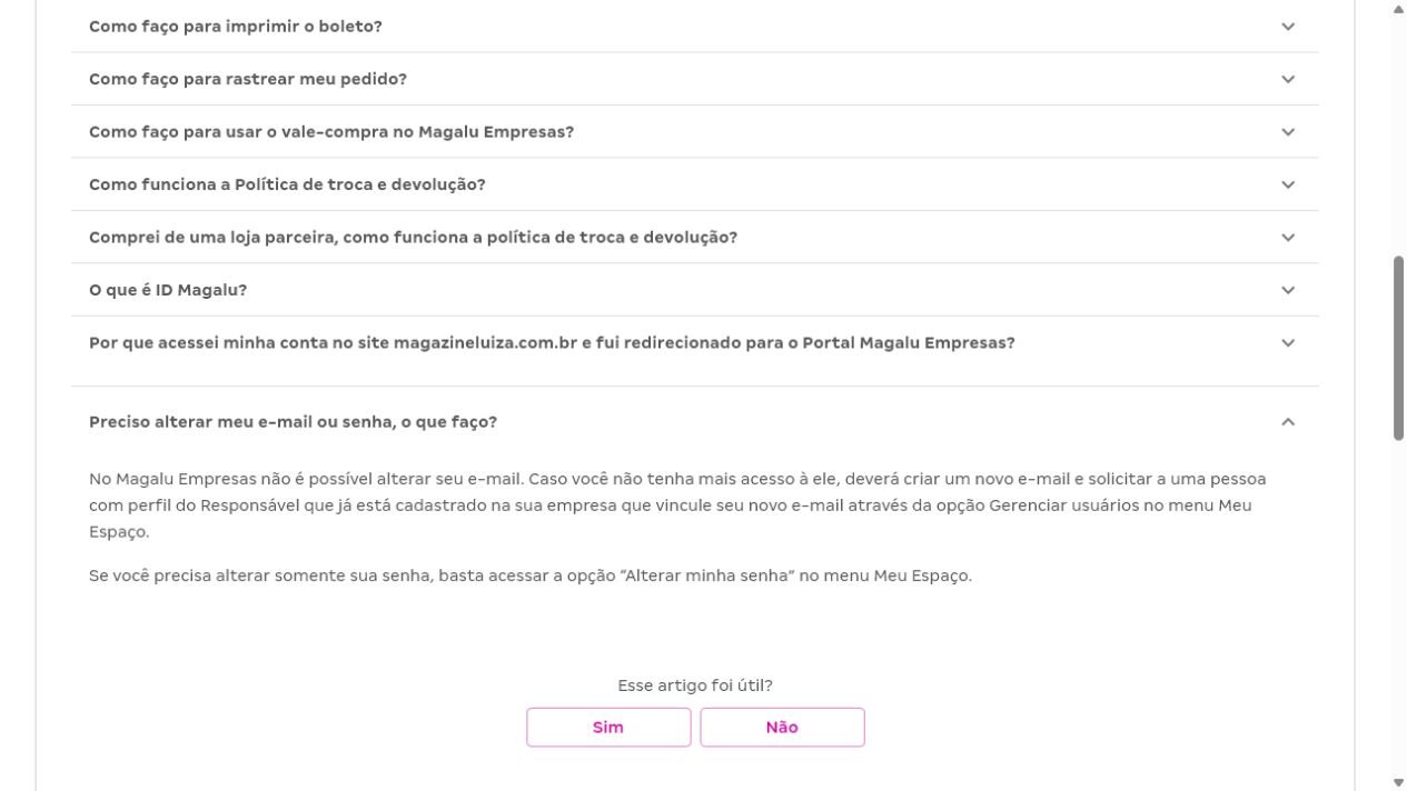 Orientação oficial do Magalu sobre Gerenciar usuários no menu Meu Espaço