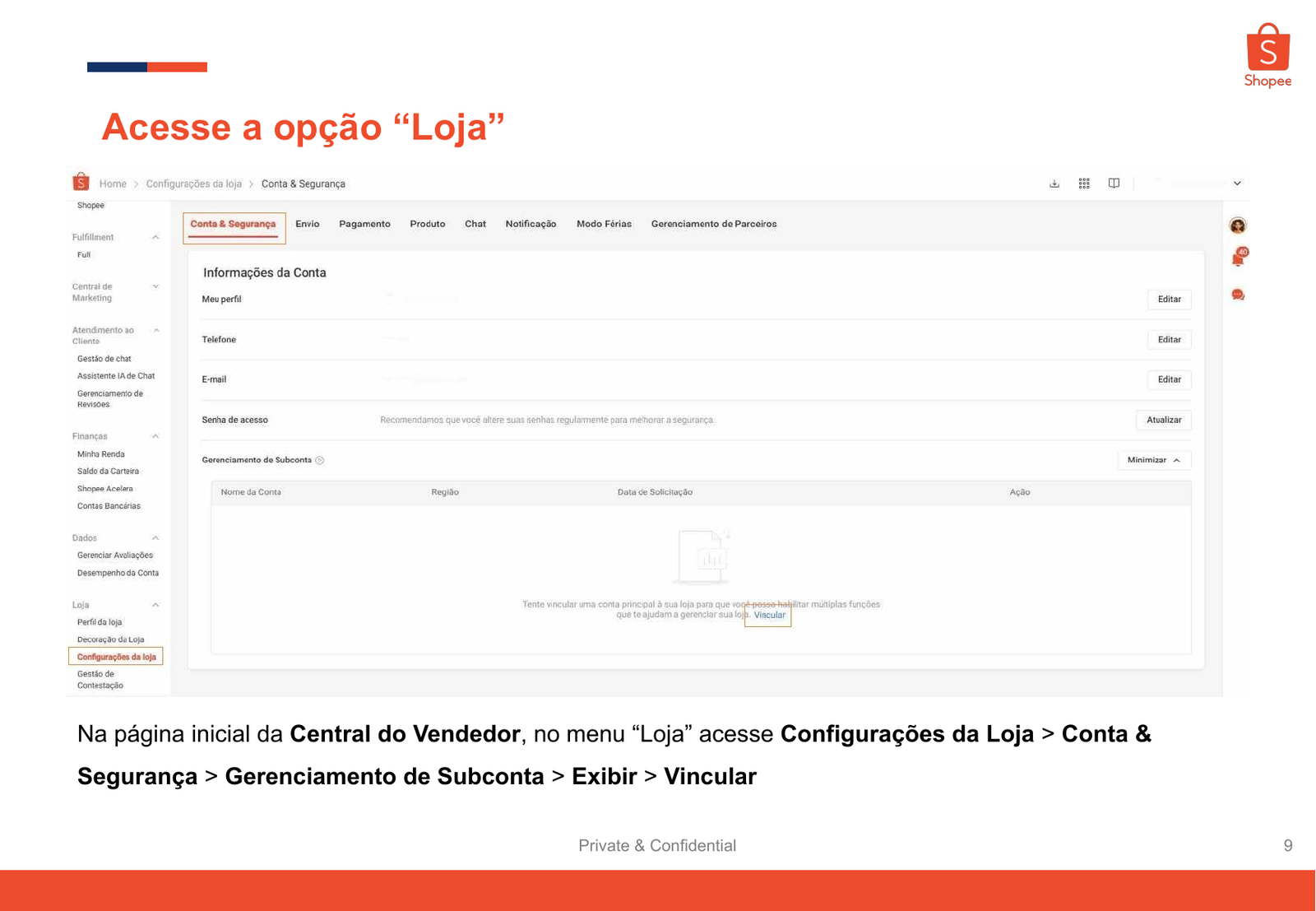 Central do Vendedor Shopee com o caminho Gerenciamento de Subconta