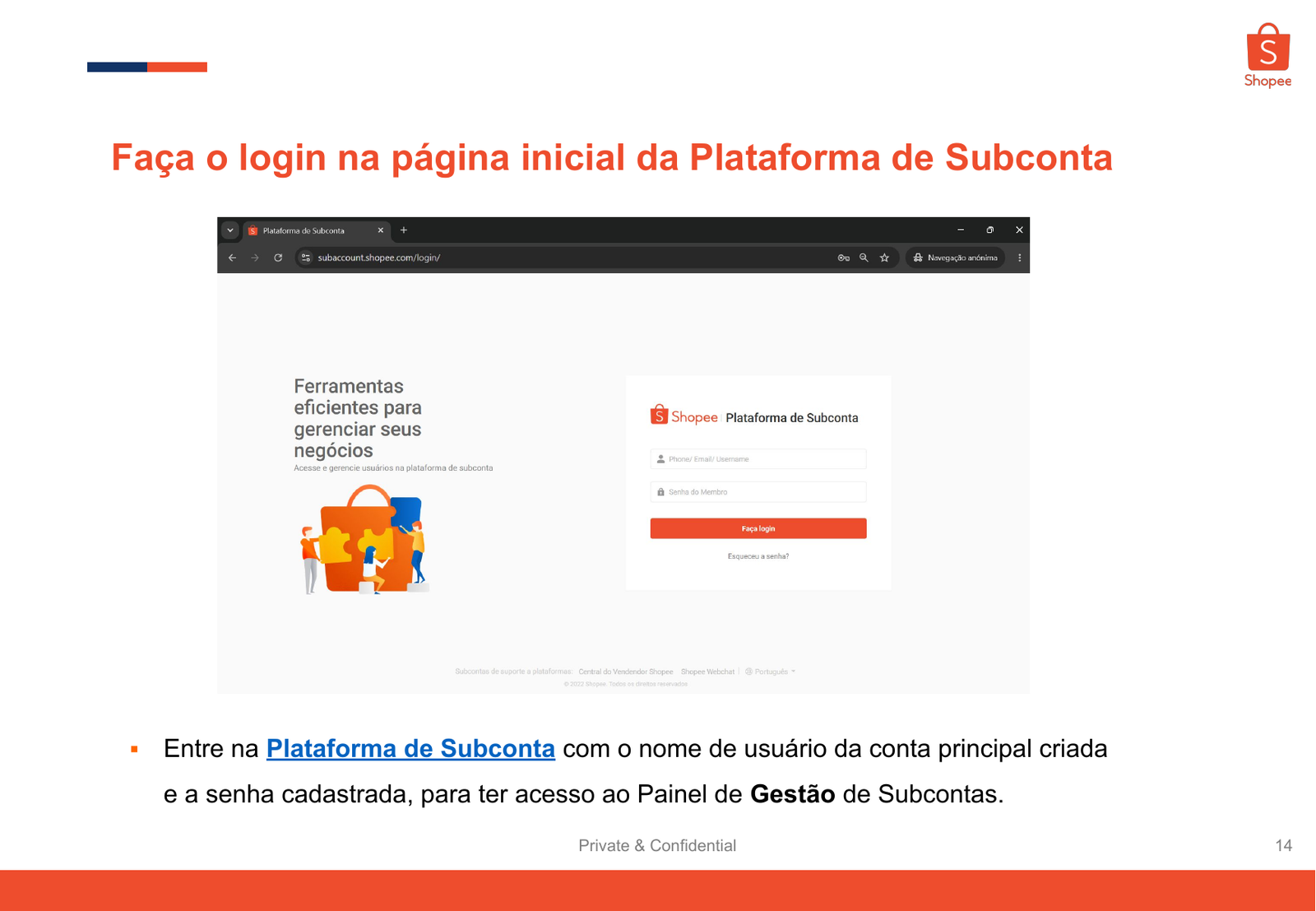 Login oficial da Plataforma de Subcontas Shopee