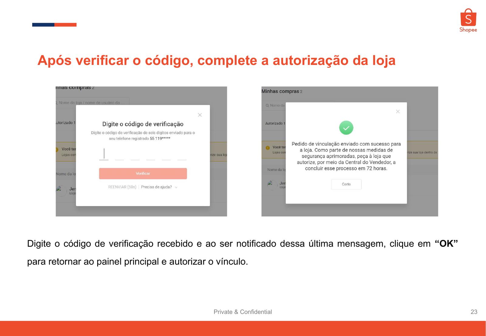 Verificação por SMS para vincular loja Shopee