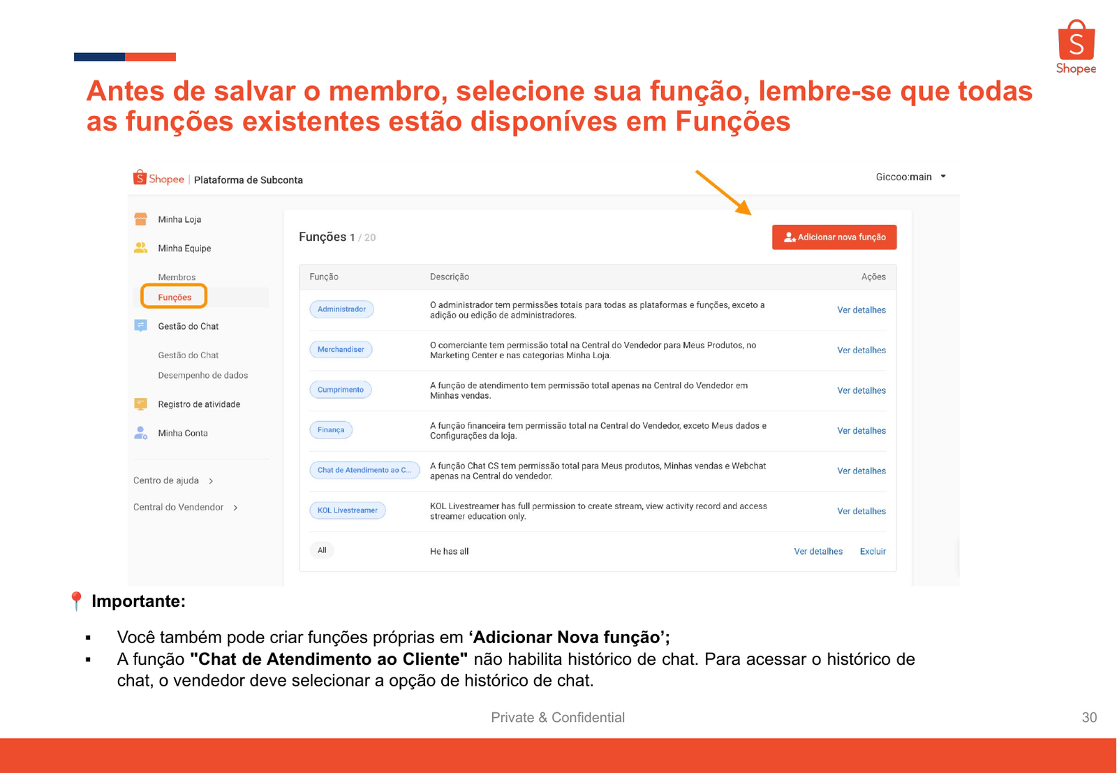 Seleção de função para membro Shopee