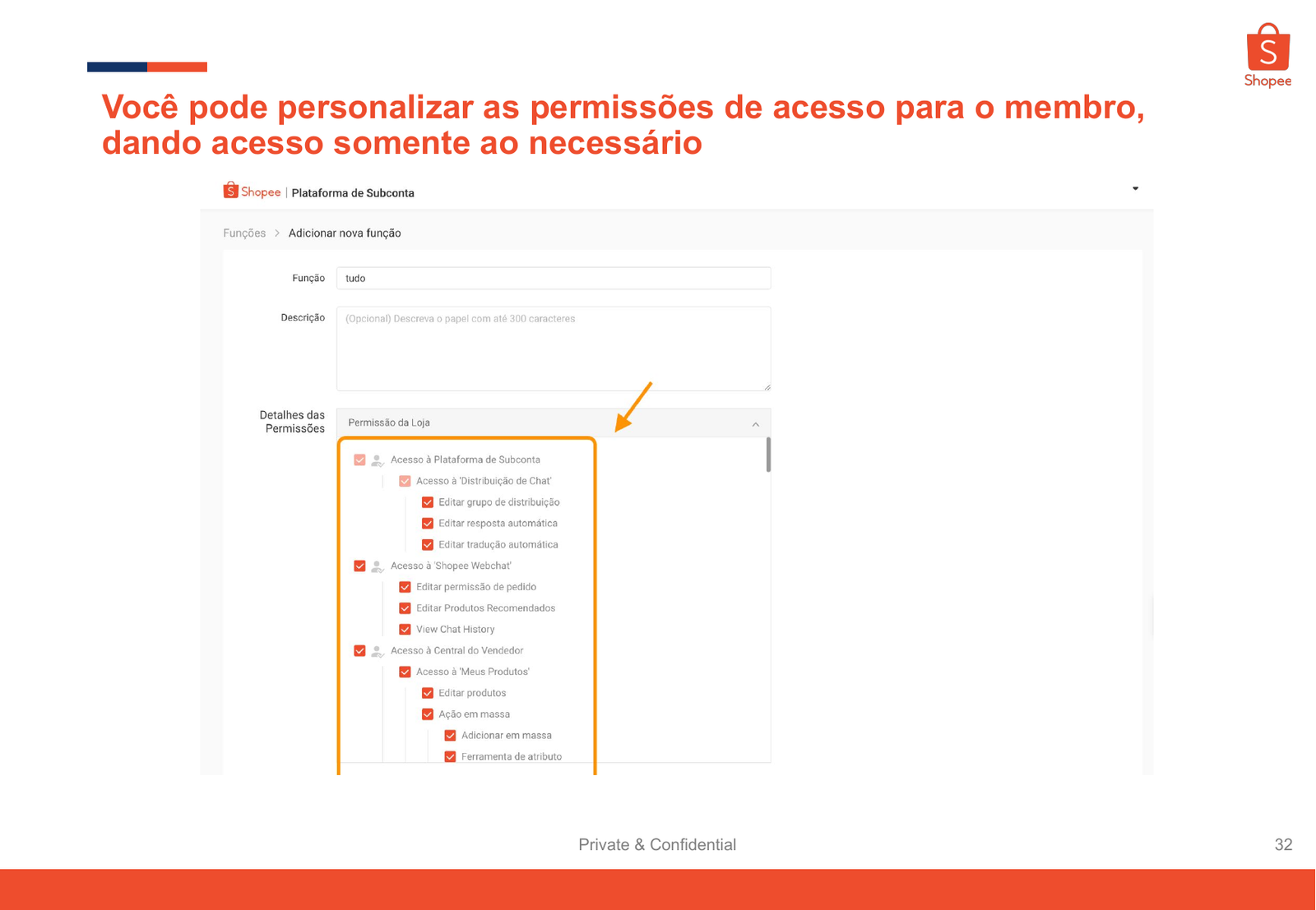 Personalização de permissões do membro Shopee