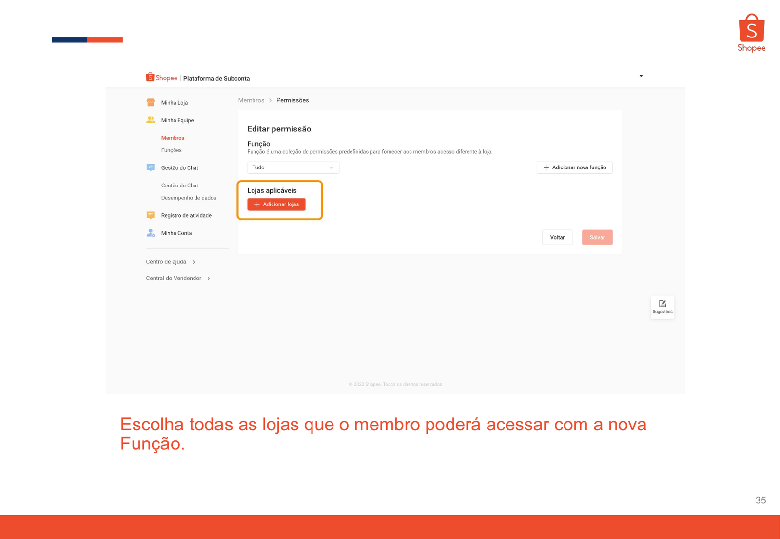 Seleção das lojas aplicáveis ao membro Shopee