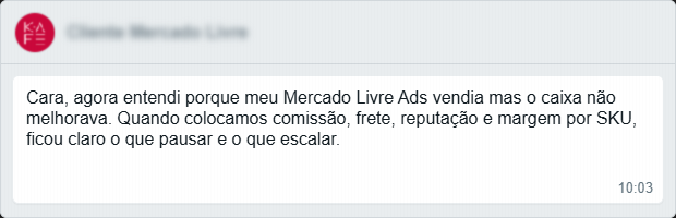 Cliente sobre Mercado Ads e retorno dos anúncios